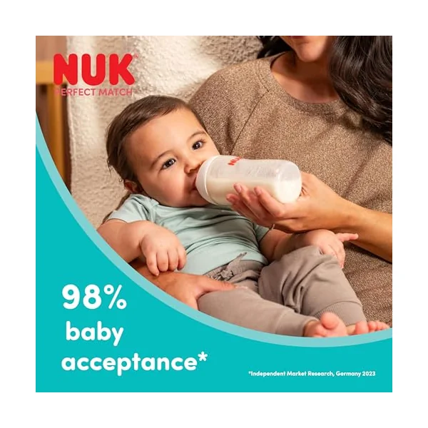 NUK Perfect Match Newborn Baby Bottle Set | 0+ Months | 150ml | Anti Colic Feeding Bottle | PP | Temperature Control Indicator | Rainbow | 4 Count