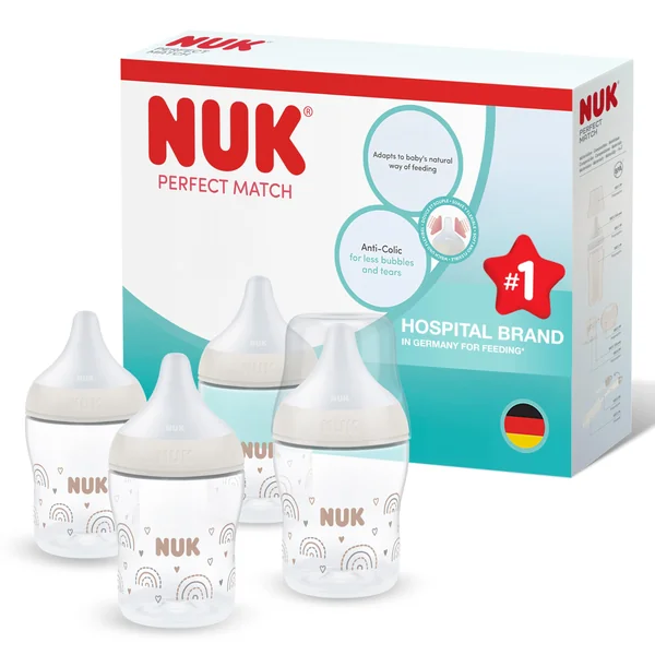 NUK Perfect Match Newborn Baby Bottle Set | 0+ Months | 150ml | Anti Colic Feeding Bottle | PP | Temperature Control Indicator | Rainbow | 4 Count