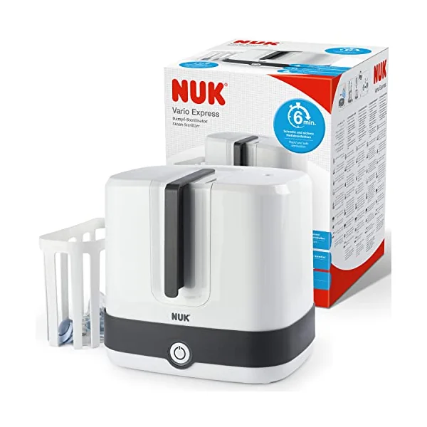 NUK Vario Express Bottle Steriliser | Steam Sterilises up to 6 Baby Bottles & Accessories in 6 Minutes | Auto Switch Off | Removable Basket & Poles | UK 3 Pin Plug