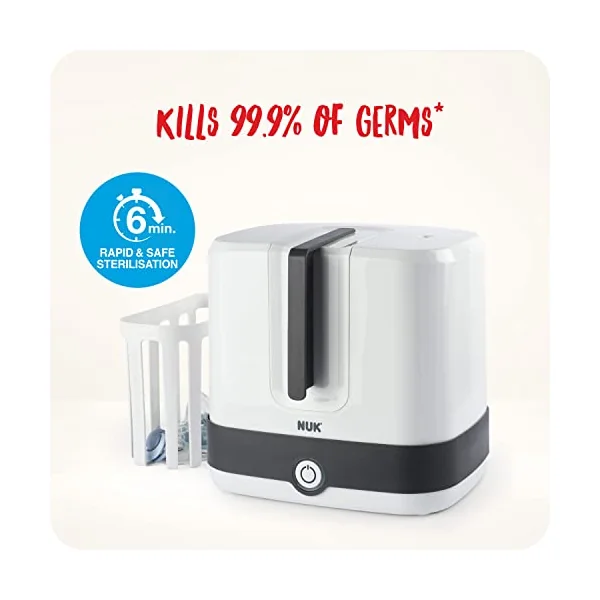 NUK Vario Express Bottle Steriliser | Steam Sterilises up to 6 Baby Bottles & Accessories in 6 Minutes | Auto Switch Off | Removable Basket & Poles | UK 3 Pin Plug