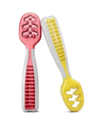NumNum Weaning Spoons Baby Self Feeding GOOtensils 6+ Months 2pk Red/Yellow | BPA-Free First Stage Silicone Pre-Spoons For Baby Led Weaning (BLW), Contour Grip Toddler Utensils For Purees