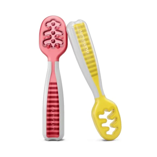 NumNum Weaning Spoons Baby Self Feeding GOOtensils 6+ Months 2pk Red/Yellow | BPA-Free First Stage Silicone Pre-Spoons For Baby Led Weaning (BLW), Contour Grip Toddler Utensils For Purees