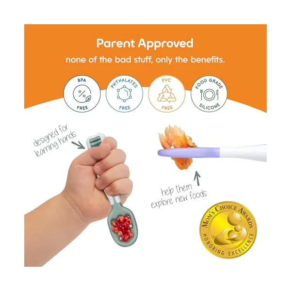 NumNum Weaning Spoons Baby Self Feeding GOOtensils 6+ Months 2pk Red/Yellow | BPA-Free First Stage Silicone Pre-Spoons For Baby Led Weaning (BLW), Contour Grip Toddler Utensils For Purees