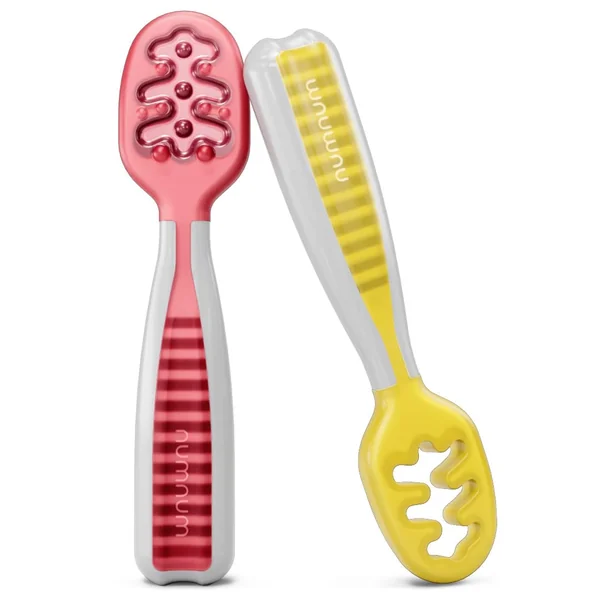 NumNum Weaning Spoons Baby Self Feeding GOOtensils 6+ Months 2pk Red/Yellow | BPA-Free First Stage Silicone Pre-Spoons For Baby Led Weaning (BLW), Contour Grip Toddler Utensils For Purees