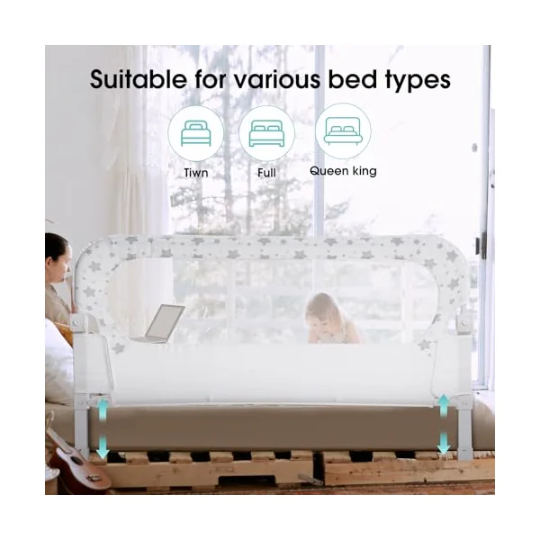 NUTIKAS Baby Bed Rail Guard for Crib - 58.9" Toddler Bed Rails for Twin,Full, Queen, Toddlers, Bunk Size Bed Swing Down Bedrail Extral Tall Child Safety Side Railing Guards for Kids