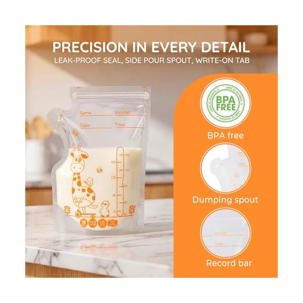 Oderra 250/180ml Breast Milk Storage Bags 50/ 100PCS- Pre-Sterilized Freezer-Safe Breastmilk Bags with Built-In Pour Spout, Double Zip Seal, Hospital Bag Maternity Essentials