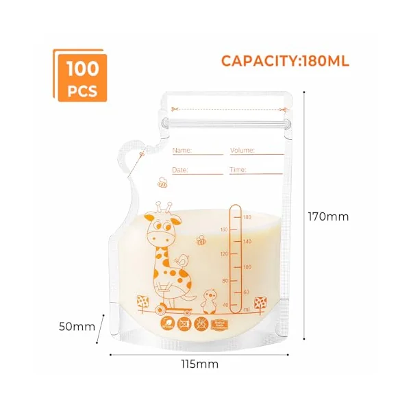 Oderra 250/180ml Breast Milk Storage Bags 50/ 100PCS- Pre-Sterilized Freezer-Safe Breastmilk Bags with Built-In Pour Spout, Double Zip Seal, Hospital Bag Maternity Essentials