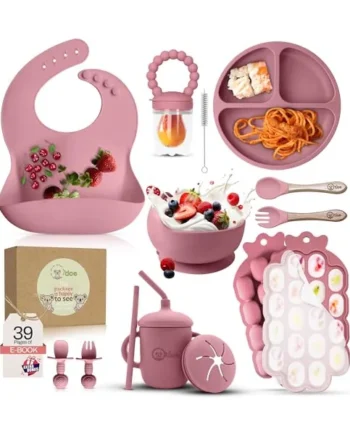 O'doe™Baby Weaning Set, 15 Pcs Silicone Baby Feeding Set BPA-Free | Silicone Feeding Set for Baby with Suction Plate, Bowl, Bib, Sippy Cup, Fruit Feeder, Freezer Tray, Baby Plates and Bowls Set