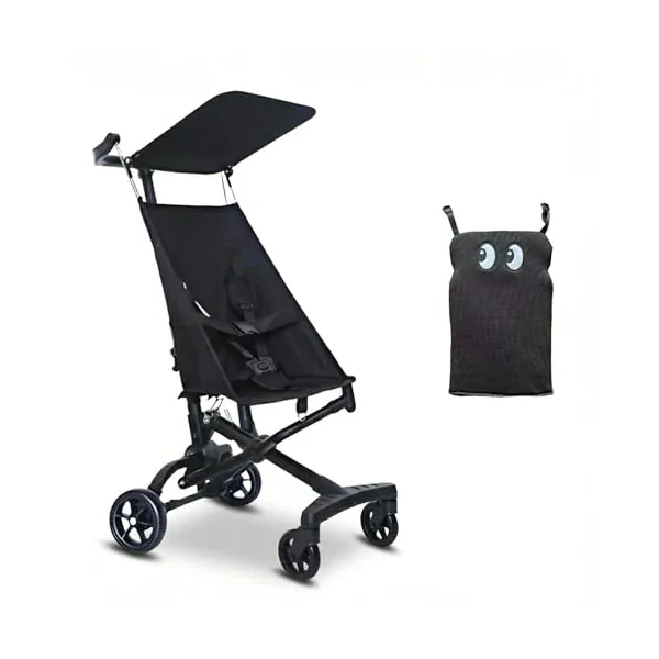 One-Click Fold Compact Stroller, Super Lightweight 2.8kg Airplane-Friendly Baby Pushchair, Portable Folding Travel Pram with Cute Cartoon Backrest for Toddlers 0-4, 4 Colors Black