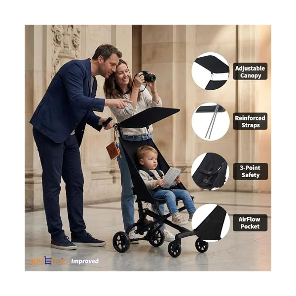 One-Click Fold Compact Stroller, Super Lightweight 2.8kg Airplane-Friendly Baby Pushchair, Portable Folding Travel Pram with Cute Cartoon Backrest for Toddlers 0-4, 4 Colors Black
