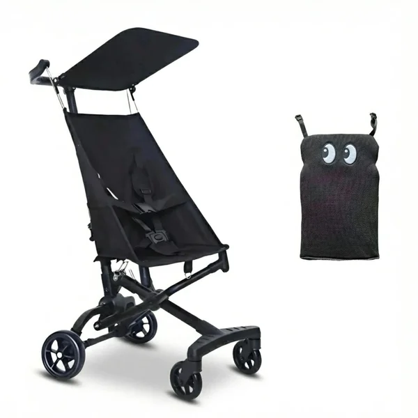 One-Click Fold Compact Stroller, Super Lightweight 2.8kg Airplane-Friendly Baby Pushchair, Portable Folding Travel Pram with Cute Cartoon Backrest for Toddlers 0-4, 4 Colors Black