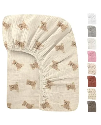 Organic Crib Sheets Fitted Crib Mattress Sheet 52x28 Inches 100% Muslin Cotton for Baby Girls & Boys, Soft Boho Neutral Toddler Bedding Bed Sheets Fits Well Standard Size Crib Mattress 28x52 Inches