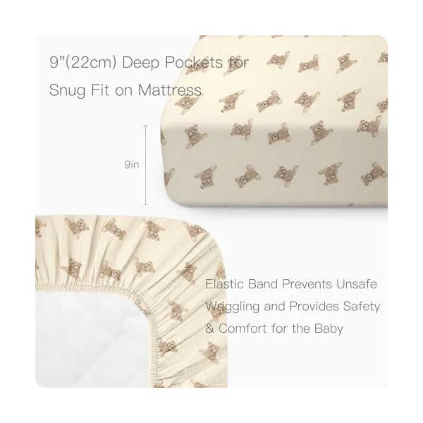 Organic Crib Sheets Fitted Crib Mattress Sheet 52x28 Inches 100% Muslin Cotton for Baby Girls & Boys, Soft Boho Neutral Toddler Bedding Bed Sheets Fits Well Standard Size Crib Mattress 28x52 Inches
