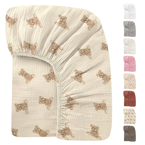 Organic Crib Sheets Fitted Crib Mattress Sheet 52x28 Inches 100% Muslin Cotton for Baby Girls & Boys, Soft Boho Neutral Toddler Bedding Bed Sheets Fits Well Standard Size Crib Mattress 28x52 Inches