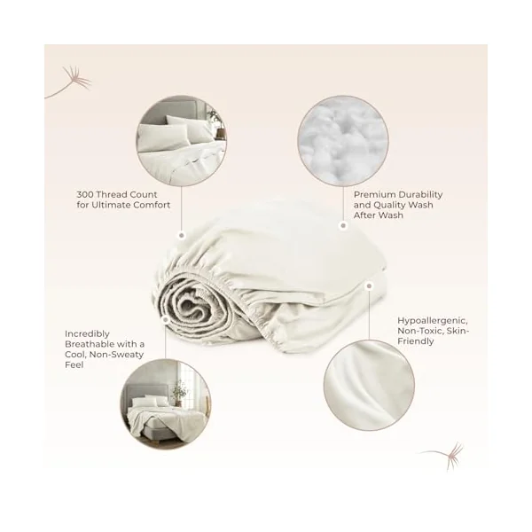 Organic Twin Fitted Sheet Only Deep Pocket - 100% Organic Cotton Sheets with Breathable 300 Thread Count Sateen Weave GOTS & Fairtrade Certified - Soft Fitted Bed Sheets Only (Natural, Twin)