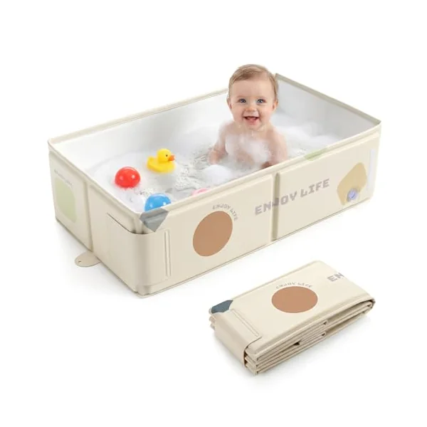 Orzbow Baby Bath Tub, Portable Toddler Bath with Temperature Sticker, White | Collapsible Baby Bath for Infant 6 Months+, Easy to Clean, Stable & Durable, Folds to Store, Baby Travel Essentials
