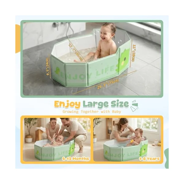 Orzbow Foldable Baby Bath Tub, Easy Clean, Green | Large Toddler Bath Tub with Non-Silp Base for 6 Months+, Travel Baby Bath for Outdoor Use, Stable & Durable, Space Saving