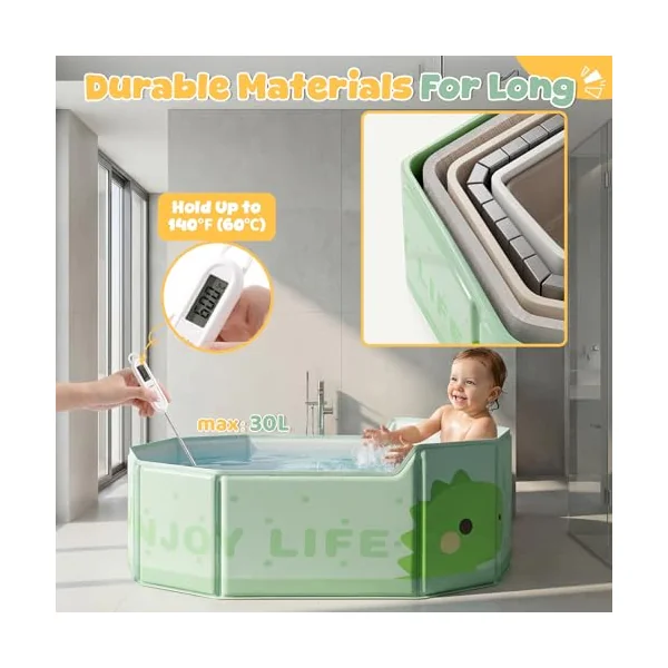 Orzbow Foldable Baby Bath Tub, Easy Clean, Green | Large Toddler Bath Tub with Non-Silp Base for 6 Months+, Travel Baby Bath for Outdoor Use, Stable & Durable, Space Saving