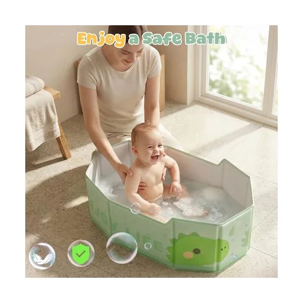 Orzbow Foldable Baby Bath Tub, Easy Clean, Green | Large Toddler Bath Tub with Non-Silp Base for 6 Months+, Travel Baby Bath for Outdoor Use, Stable & Durable, Space Saving