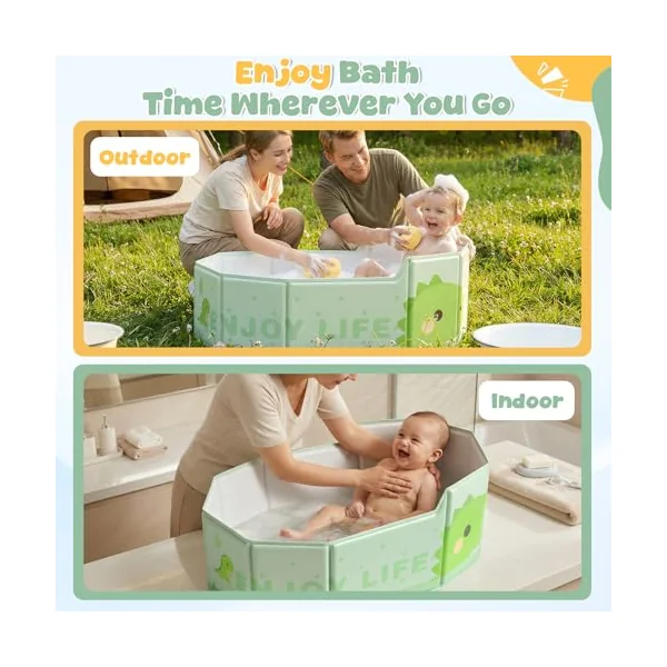 Orzbow Foldable Baby Bath Tub, Easy Clean, Green | Large Toddler Bath Tub with Non-Silp Base for 6 Months+, Travel Baby Bath for Outdoor Use, Stable & Durable, Space Saving