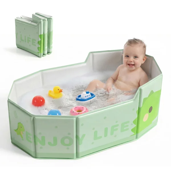 Orzbow Foldable Baby Bath Tub, Easy Clean, Green | Large Toddler Bath Tub with Non-Silp Base for 6 Months+, Travel Baby Bath for Outdoor Use, Stable & Durable, Space Saving