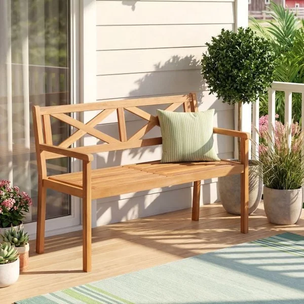 Outdoor Loveseat Bench 2-Person Patio Acacia Wood Garden Chair with Armrests