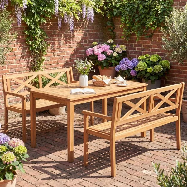 Outdoor Loveseat Bench 2-Person Patio Acacia Wood Garden Chair with Armrests