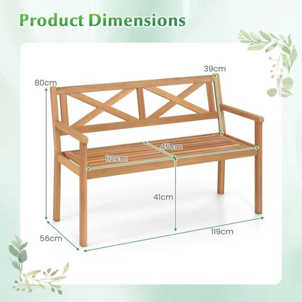 Outdoor Loveseat Bench 2-Person Patio Acacia Wood Garden Chair with Armrests