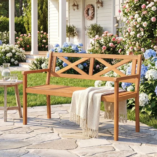 Outdoor Loveseat Bench 2-Person Patio Acacia Wood Garden Chair with Armrests