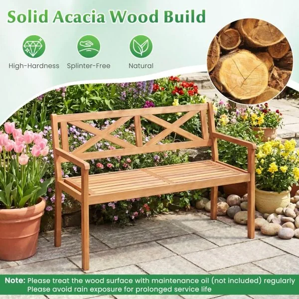 Outdoor Loveseat Bench 2-Person Patio Acacia Wood Garden Chair with Armrests