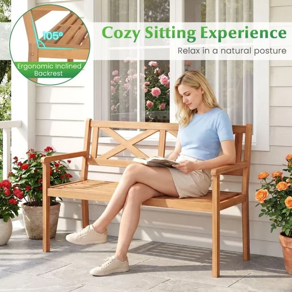 Outdoor Loveseat Bench 2-Person Patio Acacia Wood Garden Chair with Armrests