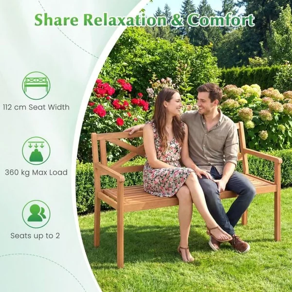 Outdoor Loveseat Bench 2-Person Patio Acacia Wood Garden Chair with Armrests
