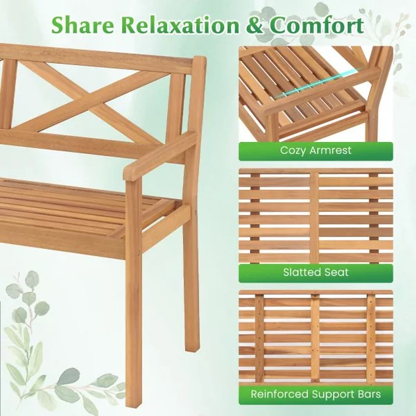 Outdoor Loveseat Bench 2-Person Patio Acacia Wood Garden Chair with Armrests