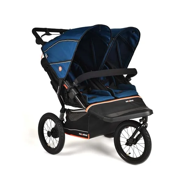 Out'n'About Nipper Double Pushchair V6+ Model & Rain Cover | Certified Running Buggy, Lightweight All-Terrain One-Hand Fold Twin Double Pram with Suspension, 14” Air-Filled Wheels (Highland Blue)