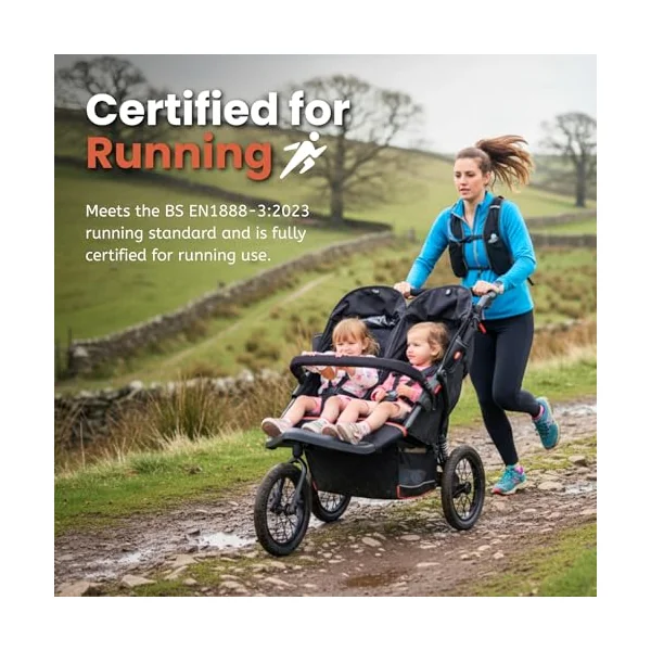 Out'n'About Nipper Double Pushchair V6+ Model & Rain Cover | Certified Running Buggy, Lightweight All-Terrain One-Hand Fold Twin Double Pram with Suspension, 14” Air-Filled Wheels (Highland Blue)