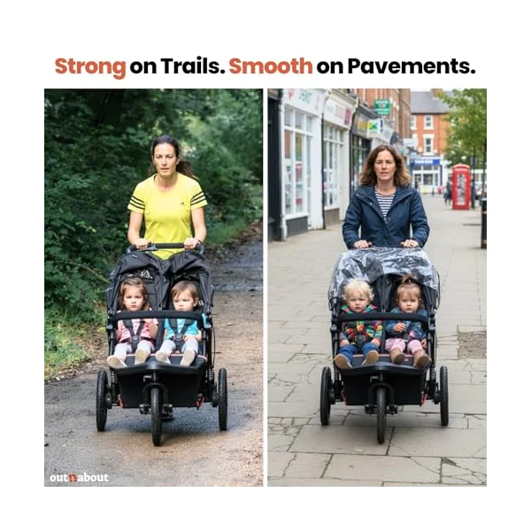 Out'n'About Nipper Double Pushchair V6+ Model & Rain Cover | Certified Running Buggy, Lightweight All-Terrain One-Hand Fold Twin Double Pram with Suspension, 14” Air-Filled Wheels (Highland Blue)