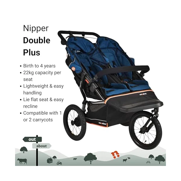 Out'n'About Nipper Double Pushchair V6+ Model & Rain Cover | Certified Running Buggy, Lightweight All-Terrain One-Hand Fold Twin Double Pram with Suspension, 14” Air-Filled Wheels (Highland Blue)