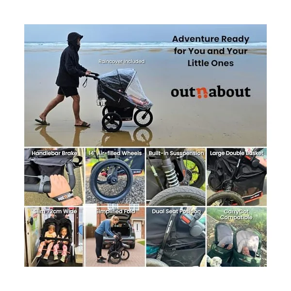 Out'n'About Nipper Double Pushchair V6+ Model & Rain Cover | Certified Running Buggy, Lightweight All-Terrain One-Hand Fold Twin Double Pram with Suspension, 14” Air-Filled Wheels (Highland Blue)