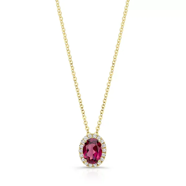Oval Cut Garnet & 0.13ctw Diamond Pendant, 14ct Yellow Gold