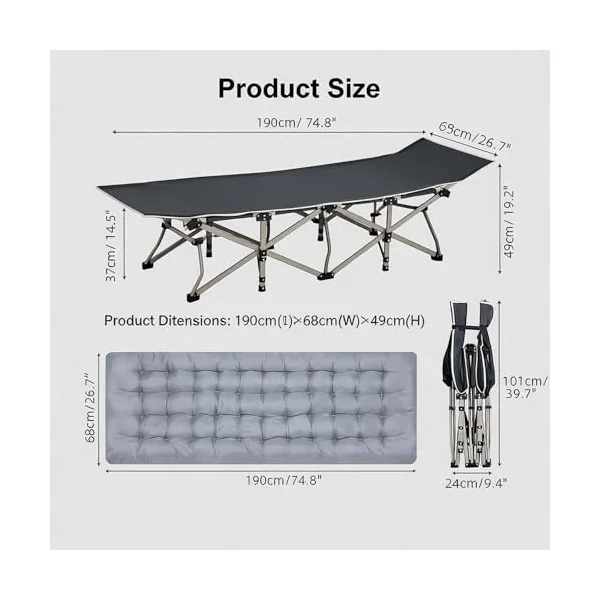 Oversized Folding Camping Cot with Thick Mattress, 600LBS Weight Capacity, Portable Foldable Bed for Adults - Ideal for Camping, Home Office Nap, Beach & Travel (190 * 68CM)