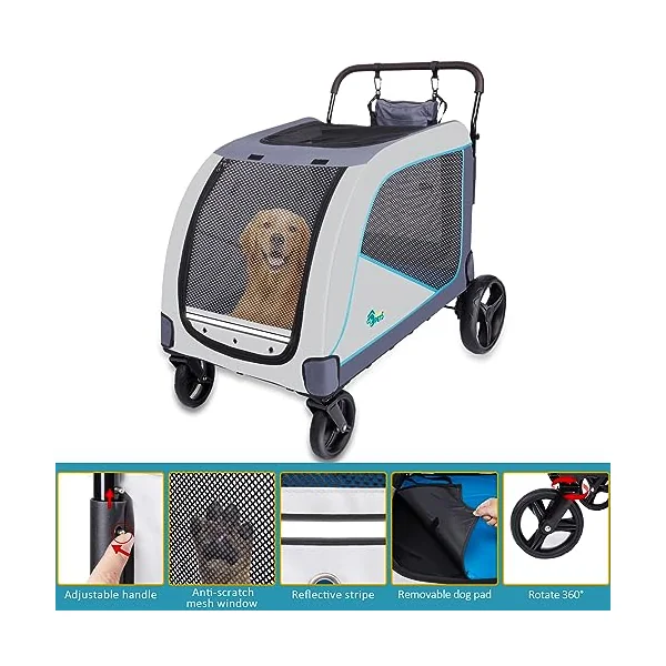Ownpets XL Pet Stroller for Medium-Large Dogs,Dog Pushchairs with Brakes | Max Weight 55KG,Foldable,Mesh Window, Storage Bag, Easy to Assemble