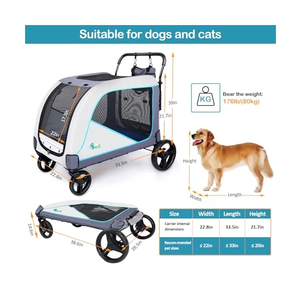 Ownpets XL Pet Stroller for Medium-Large Dogs,Dog Pushchairs with Brakes | Max Weight 55KG,Foldable,Mesh Window, Storage Bag, Easy to Assemble