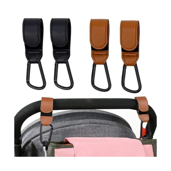 Pack of 4 Pram Hooks for Changing Bags, Premium Leather Pram Hooks (2 Black, 2 Brown), Universal Pram Bag Holder, Snap Hook Buggy Accessories, 21 x 3 cm