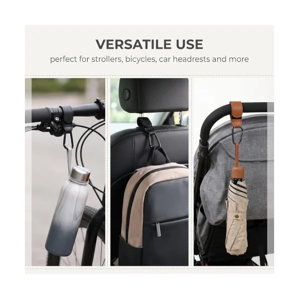 Pack of 4 Pram Hooks for Changing Bags, Premium Leather Pram Hooks (2 Black, 2 Brown), Universal Pram Bag Holder, Snap Hook Buggy Accessories, 21 x 3 cm