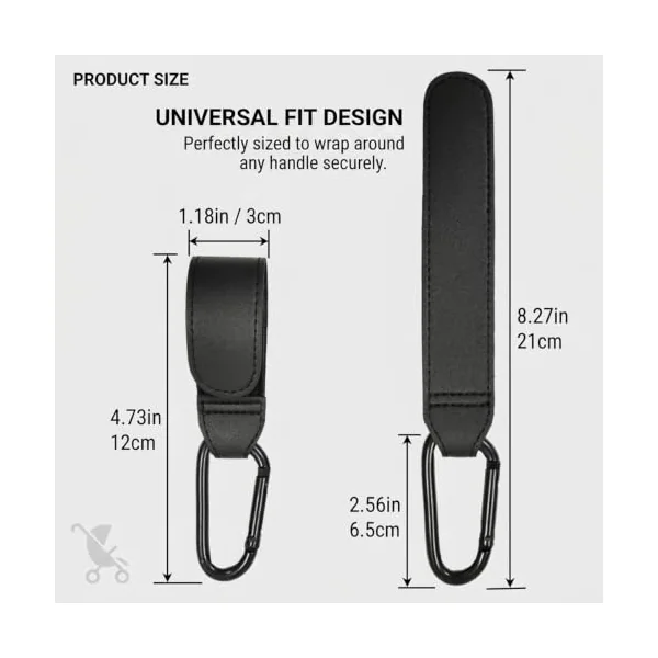 Pack of 4 Pram Hooks for Changing Bags, Premium Leather Pram Hooks (2 Black, 2 Brown), Universal Pram Bag Holder, Snap Hook Buggy Accessories, 21 x 3 cm