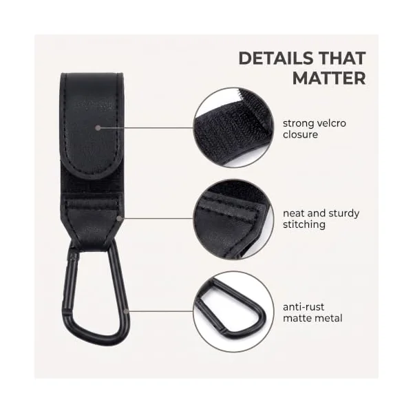 Pack of 4 Pram Hooks for Changing Bags, Premium Leather Pram Hooks (2 Black, 2 Brown), Universal Pram Bag Holder, Snap Hook Buggy Accessories, 21 x 3 cm