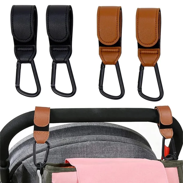 Pack of 4 Pram Hooks for Changing Bags, Premium Leather Pram Hooks (2 Black, 2 Brown), Universal Pram Bag Holder, Snap Hook Buggy Accessories, 21 x 3 cm