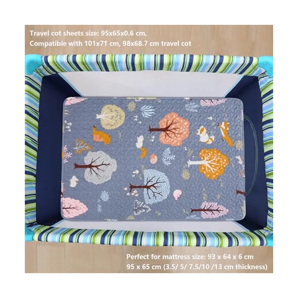 Padded Travel Cot Sheet Fitted 95x65 cm, Breathable Thick Baby Bed Sheets | Quilted Sheet Protector Foldable Mattress Pad, Soft Travel Cot Topper Cover