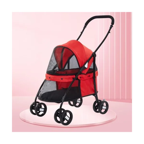 PAHION Compact Travel Stroller 360° Front Wheel Rear Wheel with Brake for Cats and Dogs Up to 15 Kg / 33 Lbs Easy Fold No Assembly Required (Color : Red)