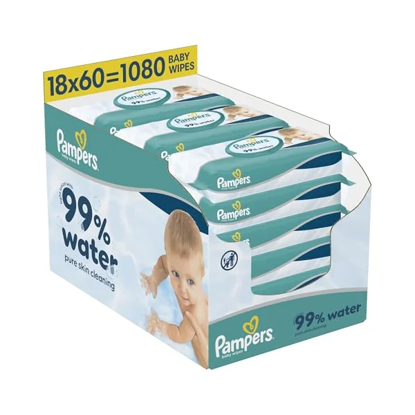 Pampers 99% Water Baby Wipes Plastic Free, 18 Packs of 60 Wipes = 1080 Baby Wet Wipes, Light Lotion with 99% Water